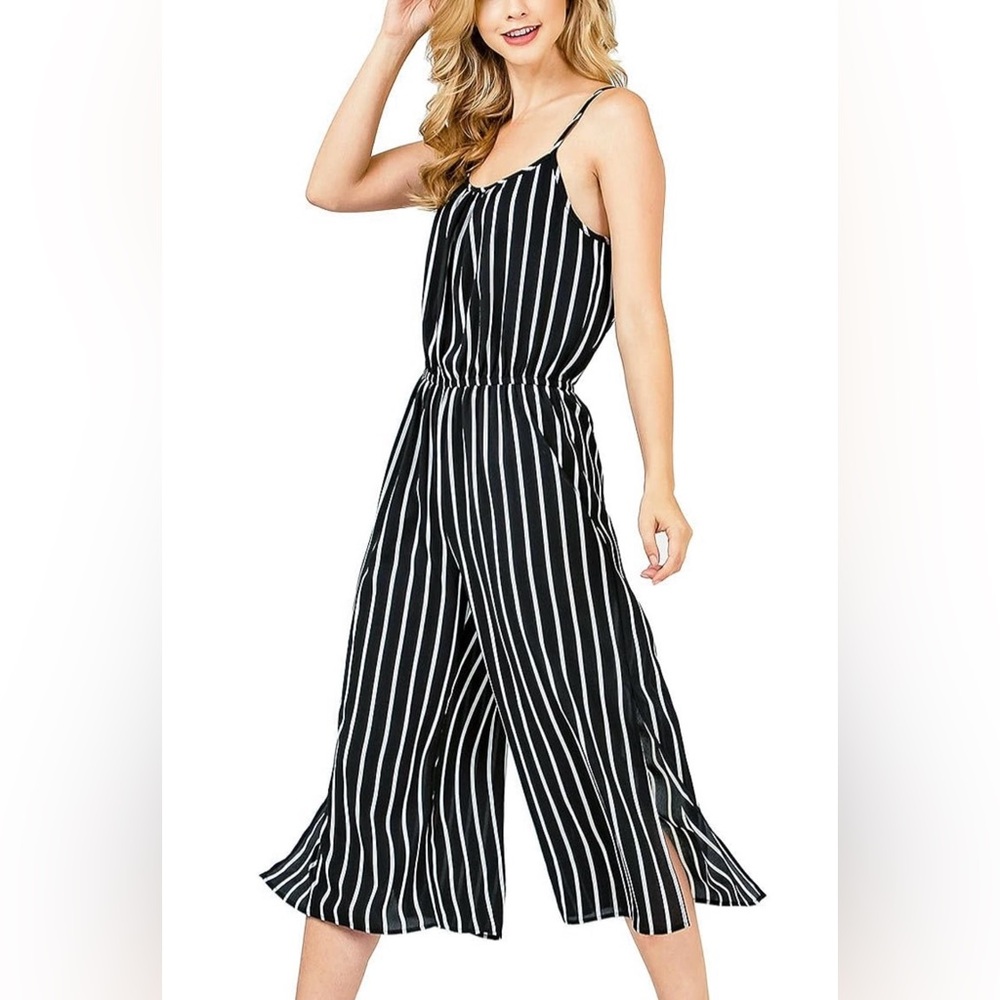 Ambiance Black and White Striped Culotte Jumpsuit